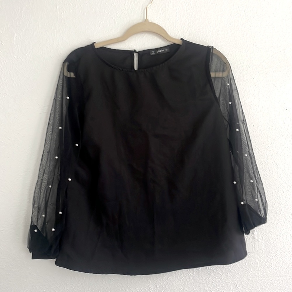 Long Sleeve Pearled Black Top L but fits smaller